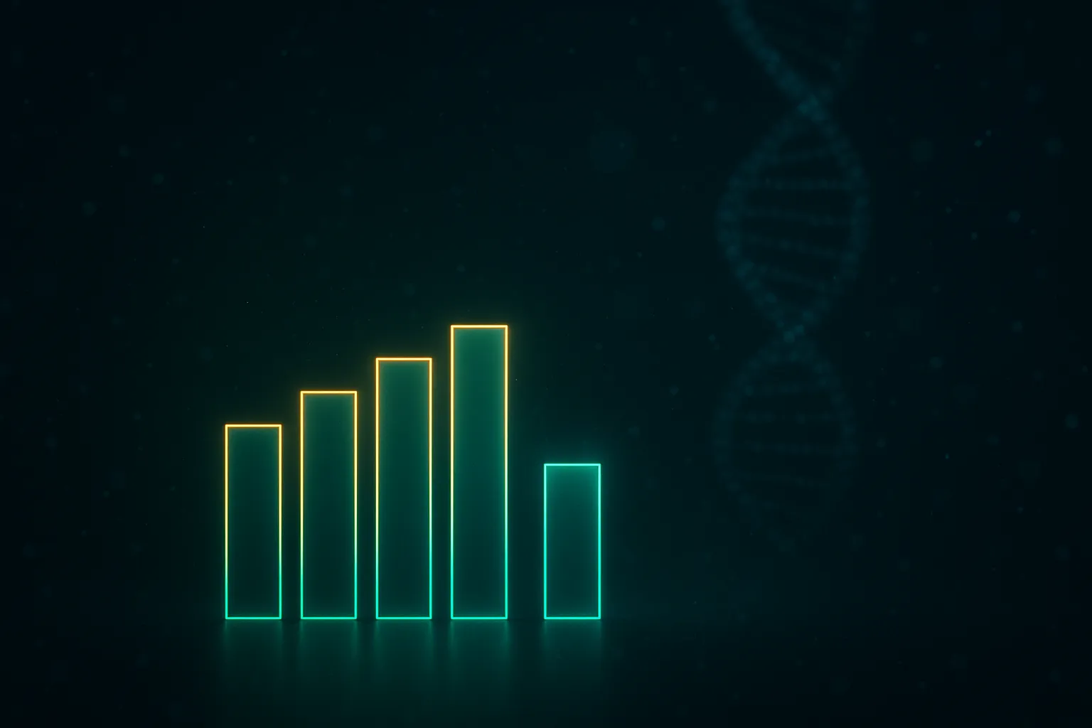Five tall ascending bars representing oral Wegovy prescription volume next to one short bar representing Foundayo's slower launch, abstract data visualization