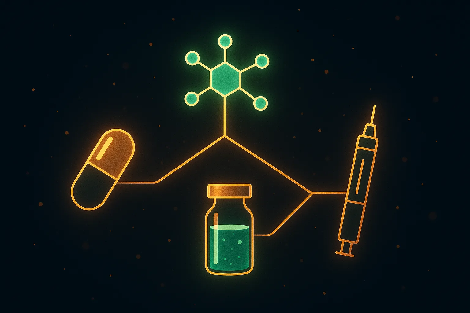 Central peptide molecule node branching into three paths — oral pill, injector pen, and compounded vial — representing buyer decision options across GLP-1 routes