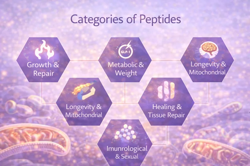 Categories of peptides - growth, metabolic, longevity, healing, immune, and more