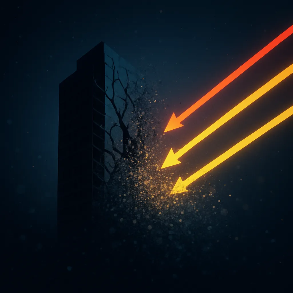 Corporate building silhouette shattering under converging regulatory forces