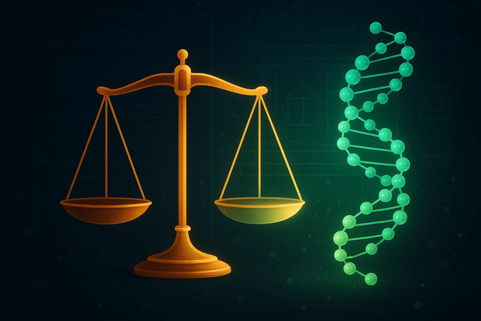 Scales of justice balanced against a peptide molecular structure representing the compounding pharmacy regulatory landscape