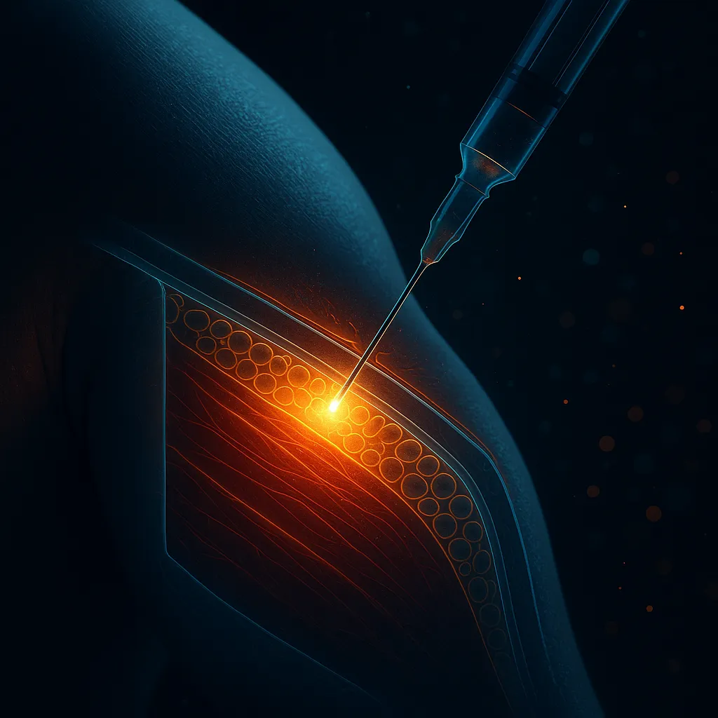 Injection site cross-section showing subcutaneous peptide delivery