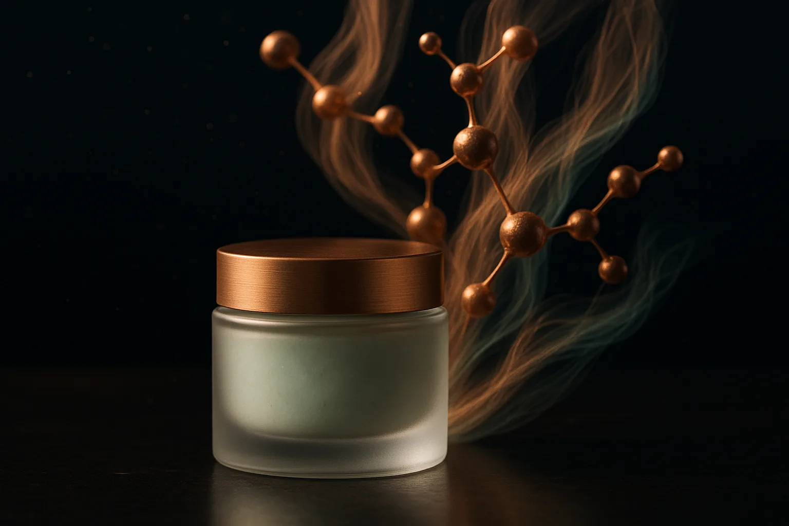 Copper peptide face creams and serums arranged on a dark surface