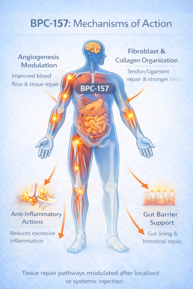 BPC-157 body highlight diagram showing healing targets (educational)