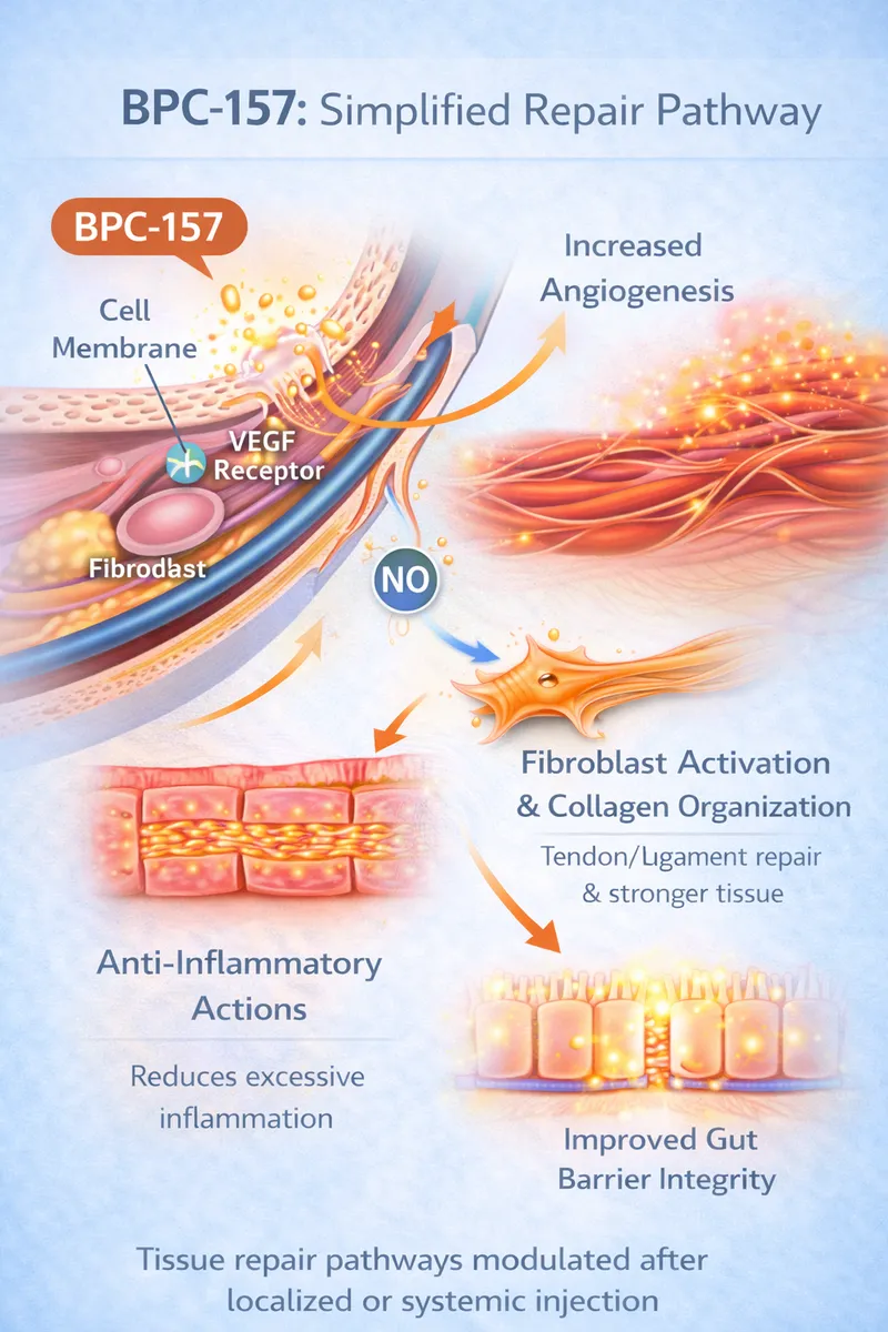 BPC-157 tissue repair pathway diagram (educational)