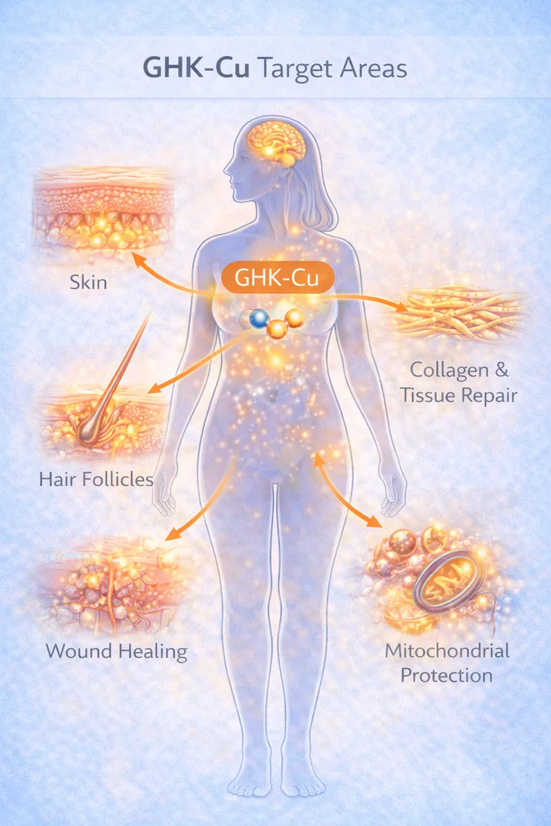 GHK-Cu body highlight diagram showing skin and tissue targets (educational)