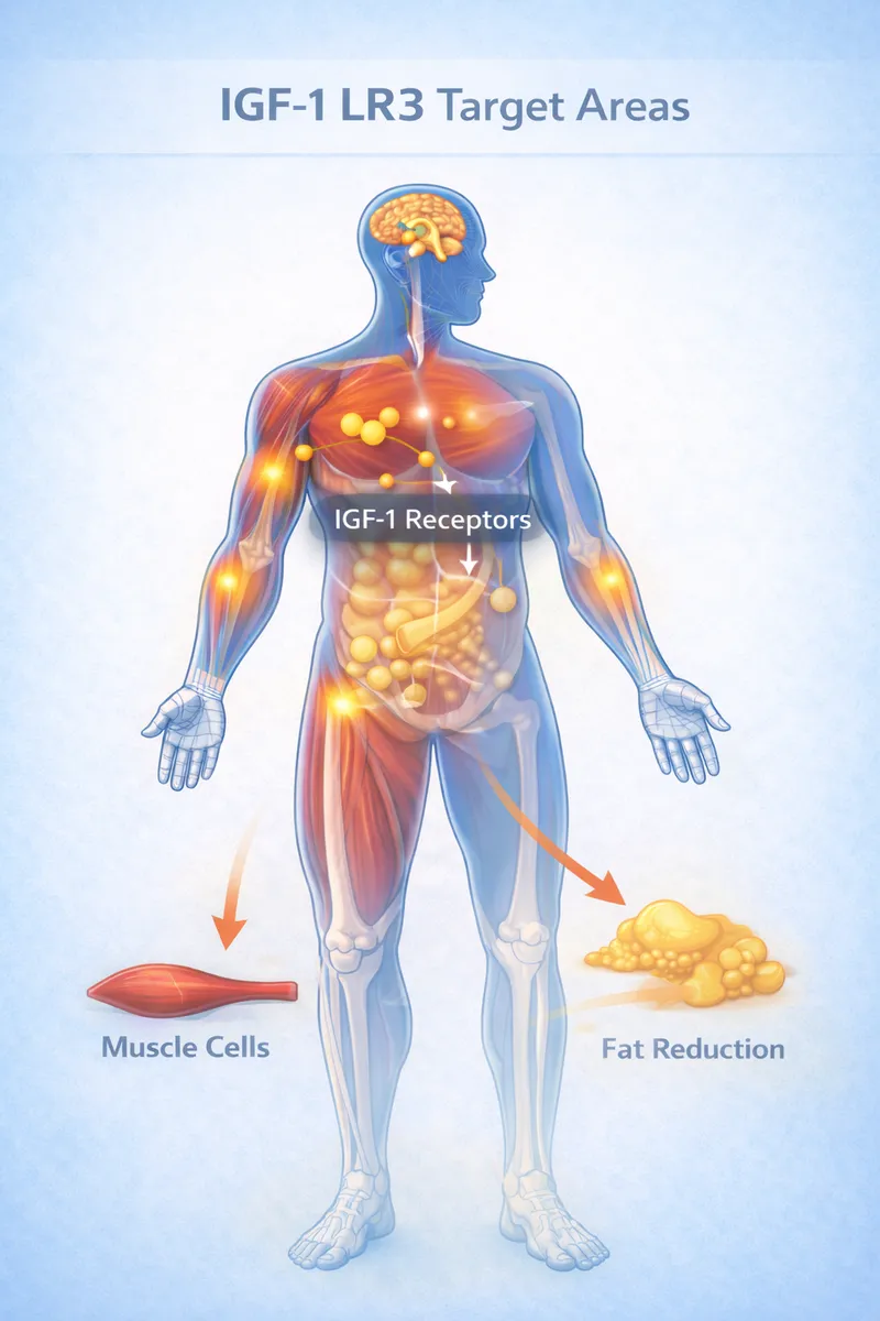 IGF-1 LR3 body highlight diagram showing muscle and tissue targets (educational)