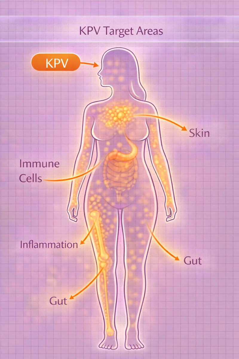 KPV body highlight diagram showing gut, skin, and inflammatory targets (educational)
