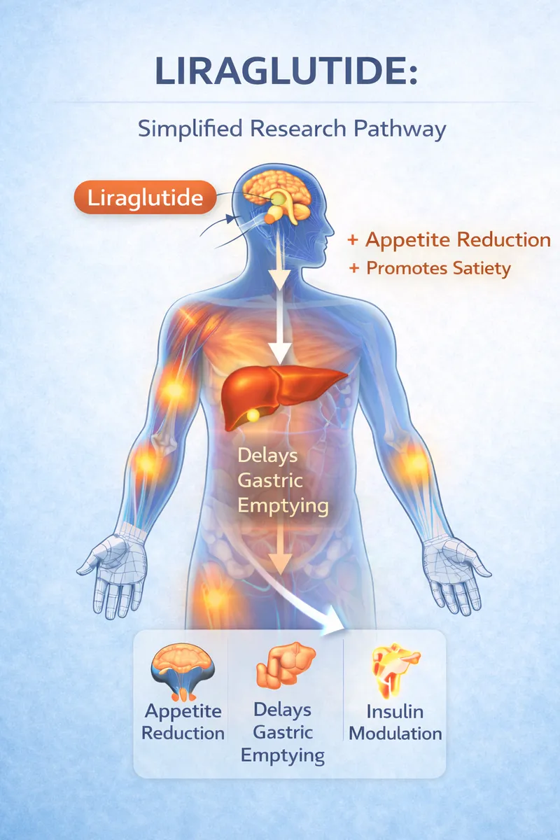 Liraglutide body highlight diagram showing metabolic targets (educational)
