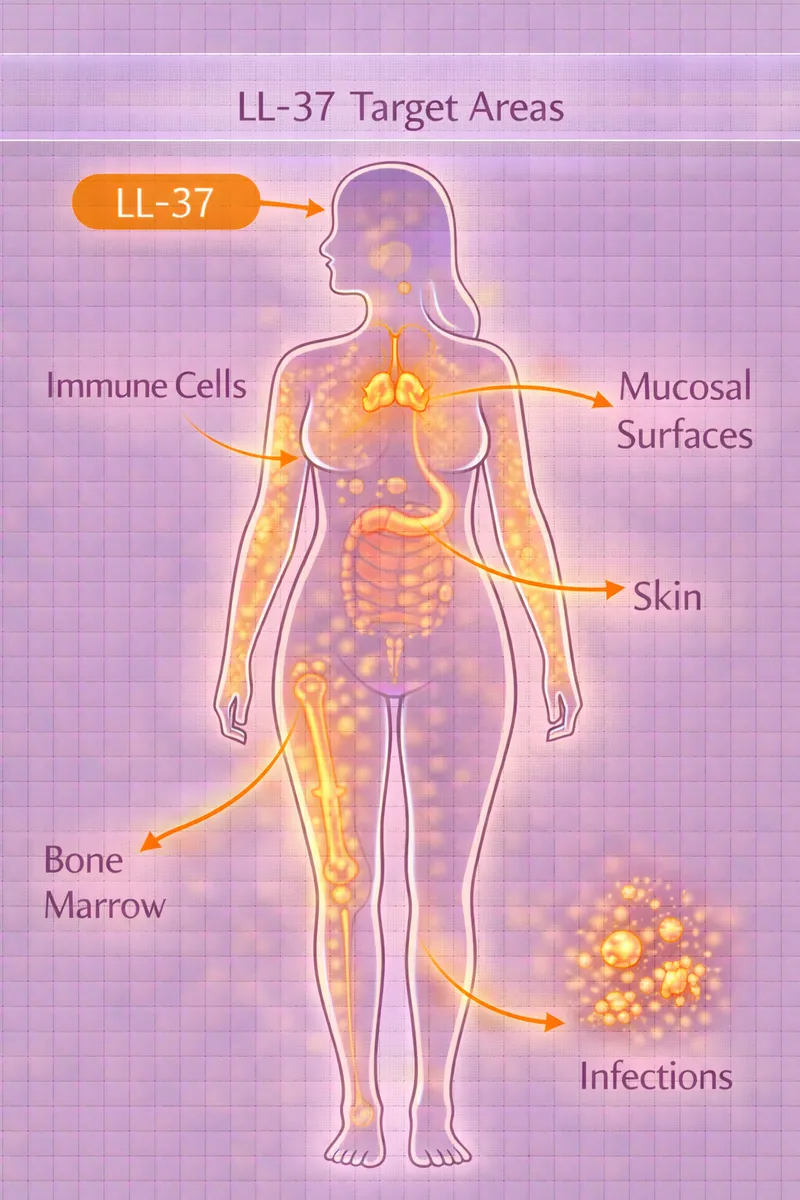 LL-37 body highlight diagram showing immune system and antimicrobial targets (educational)