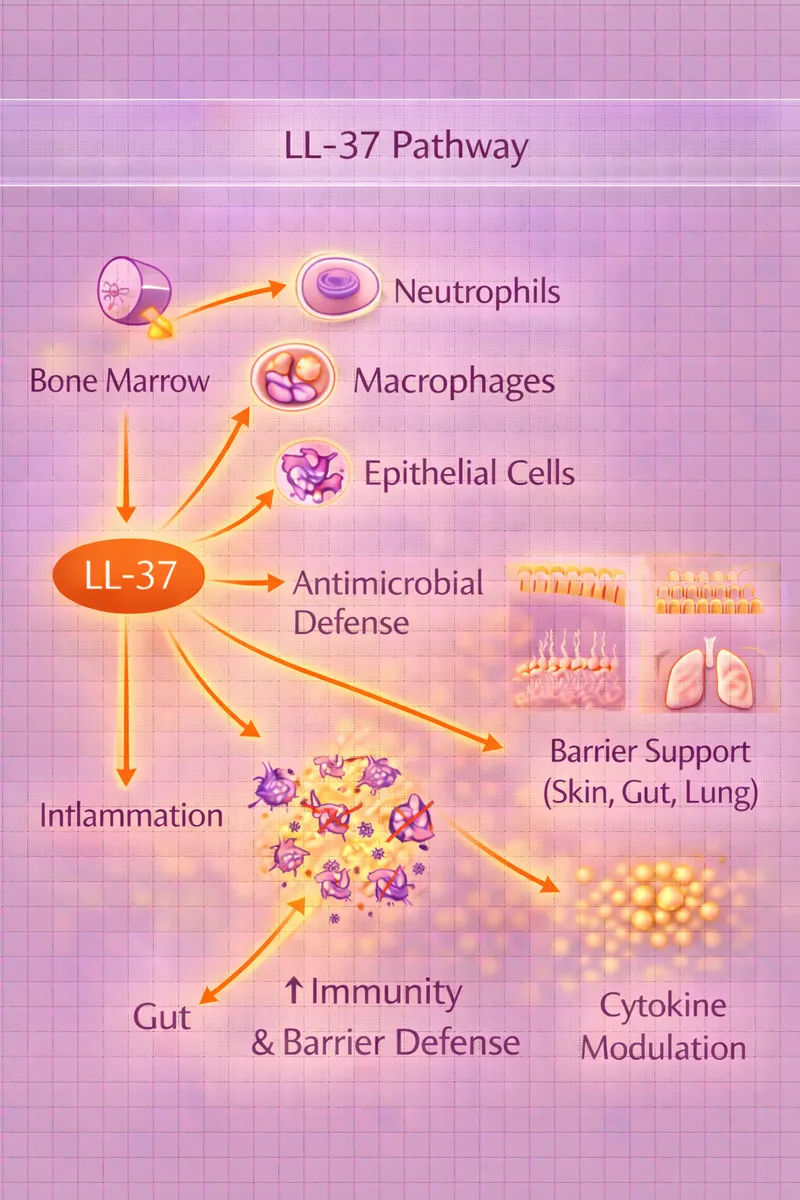 LL-37 cathelicidin antimicrobial and immune modulation pathway diagram (educational)