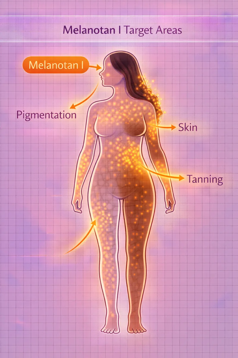 Melanotan-1 body highlight diagram showing skin melanocytes and tanning pathways (educational)