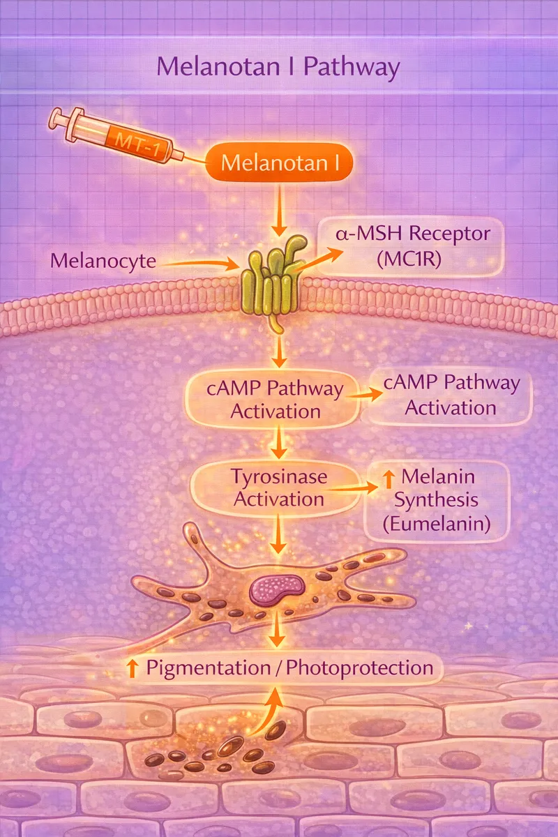 Melanotan-1 MC1R melanocortin receptor activation and melanin production pathway diagram (educational)
