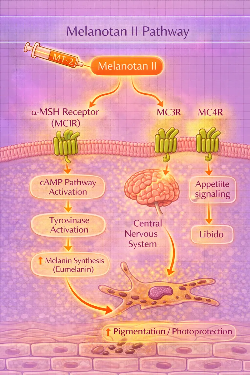 Melanotan-2 MC1R/MC3R/MC4R melanocortin receptor activation pathway diagram (educational)
