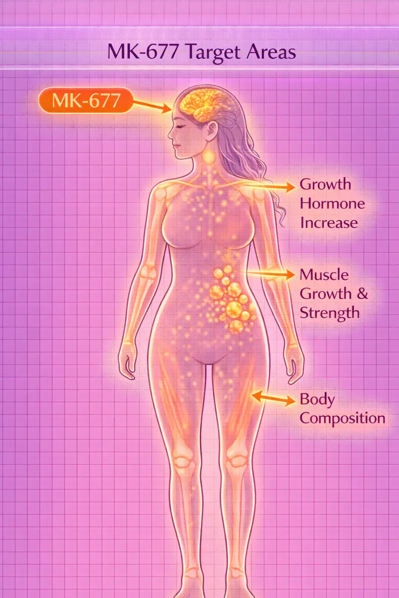 MK-677 body highlight diagram showing pituitary and growth hormone targets (educational)