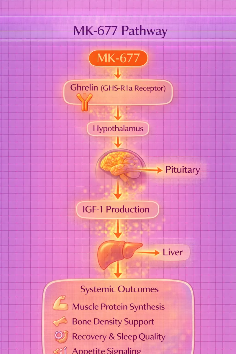 MK-677 ghrelin receptor activation and GH secretion pathway diagram (educational)
