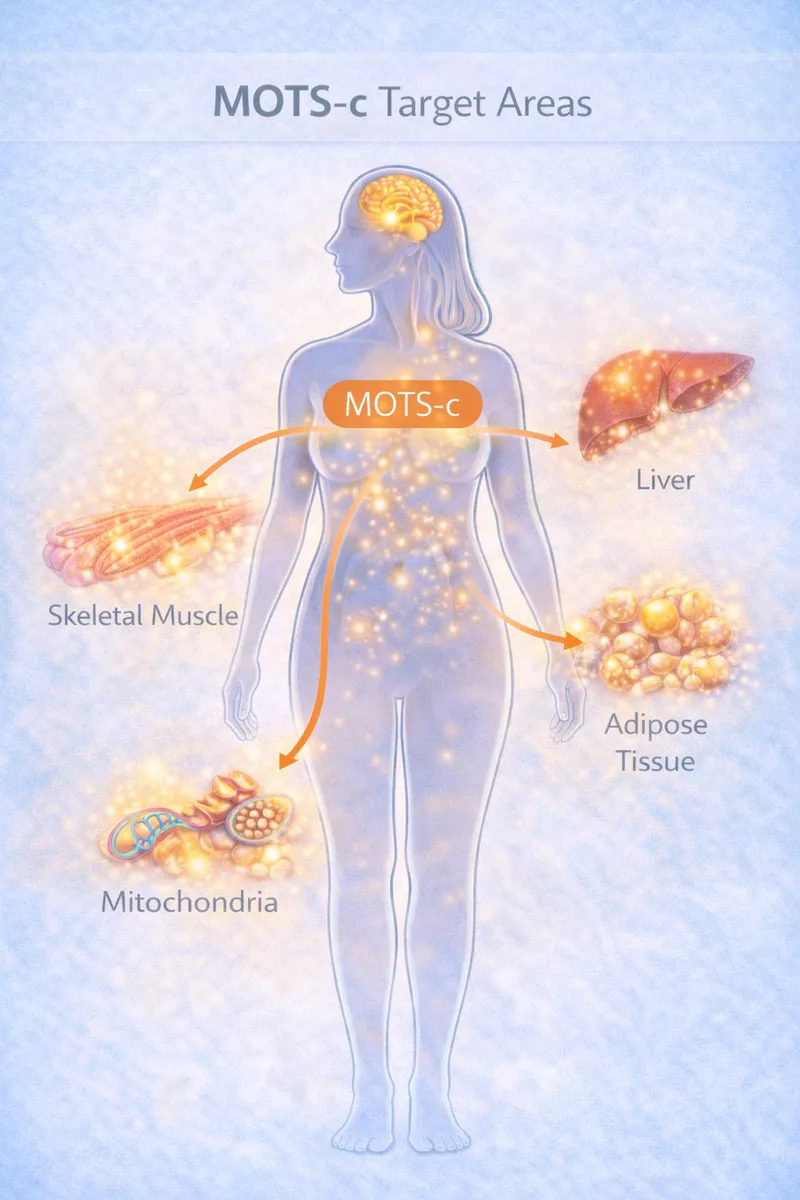 MOTS-c body highlight diagram showing metabolic and mitochondrial targets (educational)