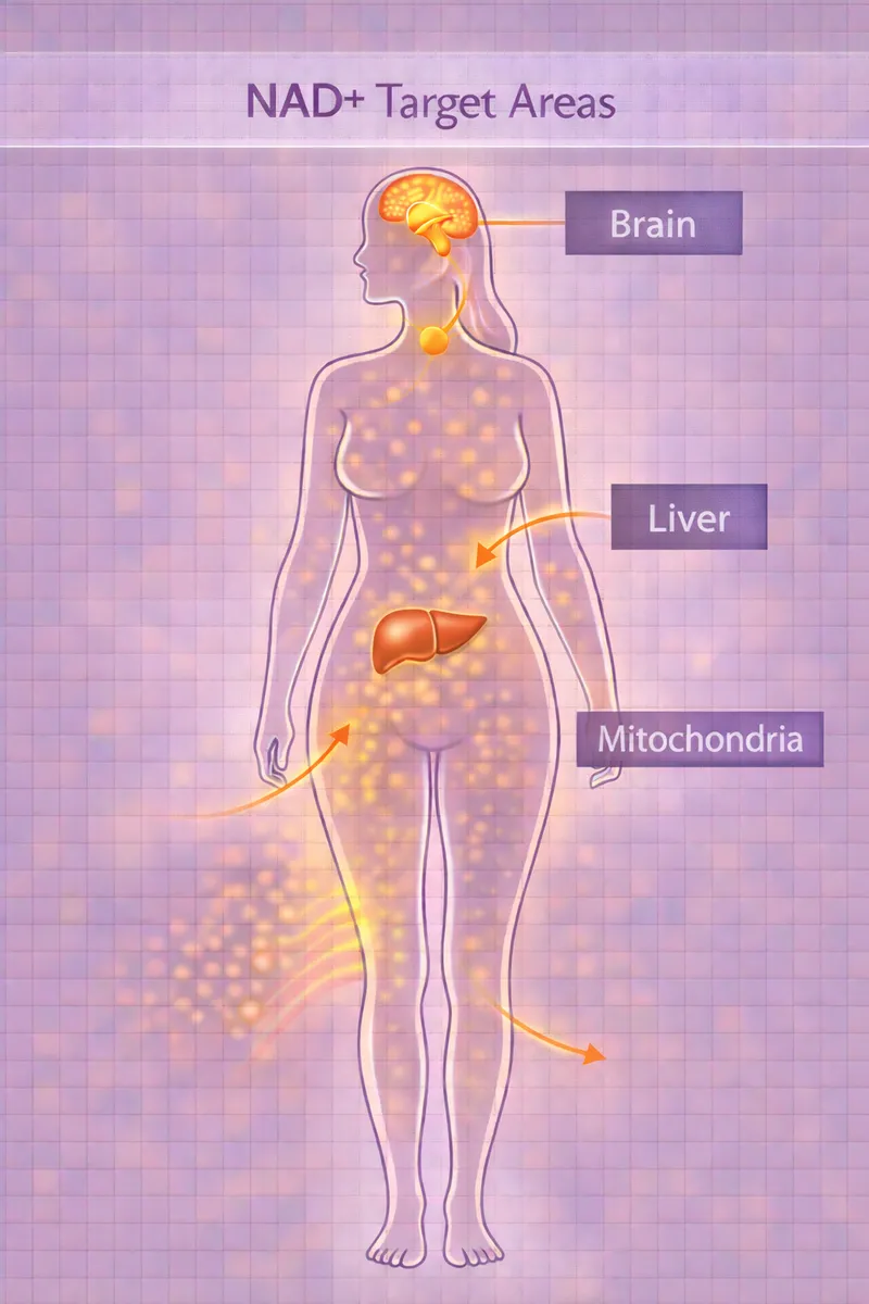 NAD+ body highlight diagram showing cellular energy and longevity targets (educational)