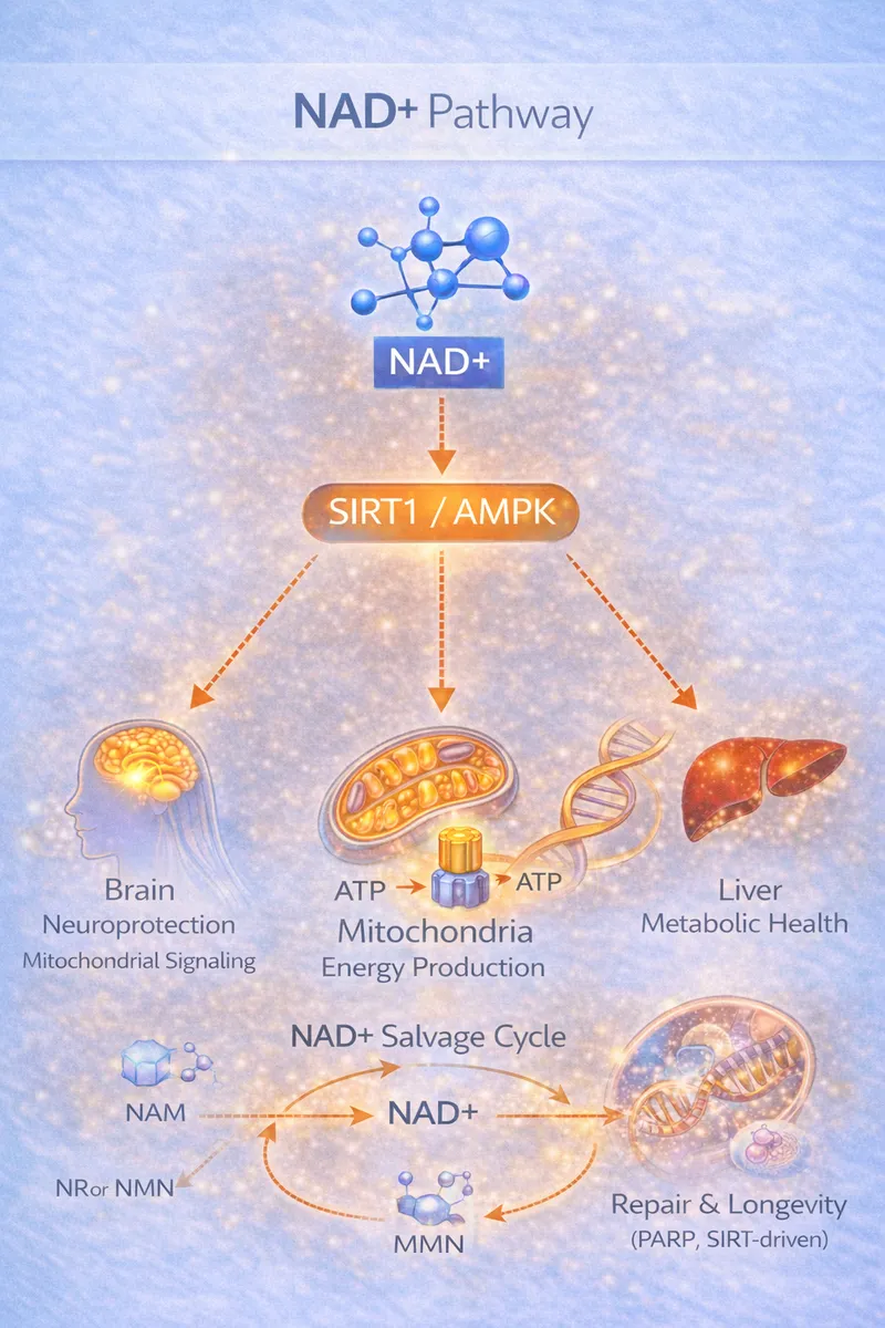 NAD+ sirtuin activation and cellular metabolism pathway diagram (educational)