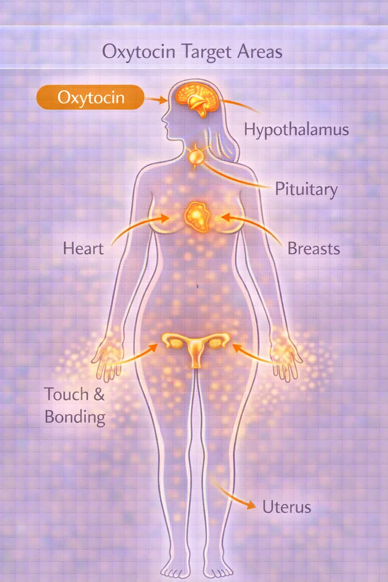 Oxytocin body highlight diagram showing hypothalamus, pituitary, and social bonding pathways (educational)