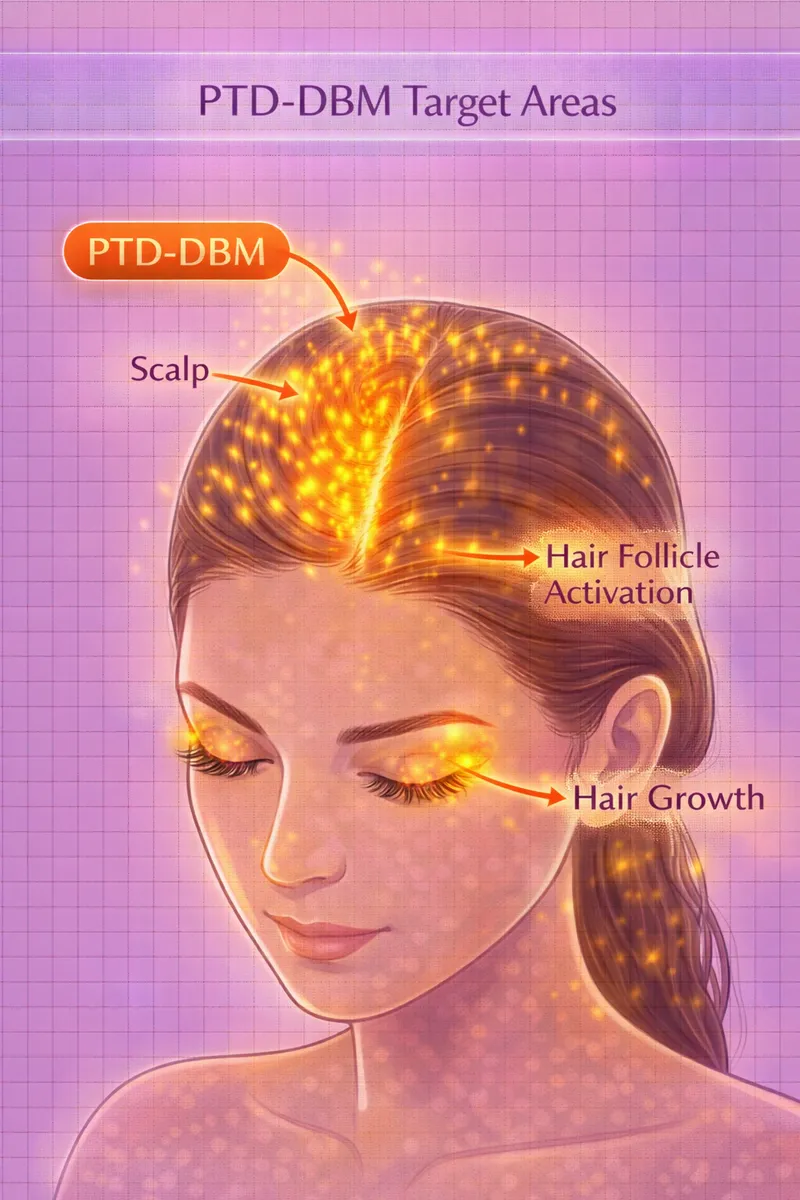 PTD-DBM body highlight diagram showing scalp and hair follicle targets (educational)