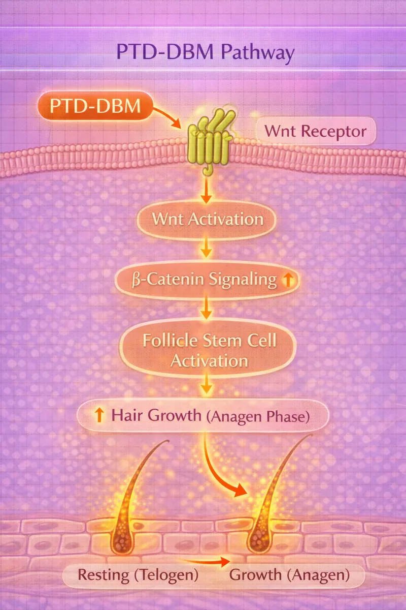 PTD-DBM CXXC5 inhibition and Wnt/β-catenin hair growth pathway diagram (educational)