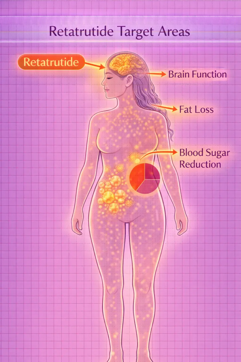 Retatrutide body highlight diagram showing triple GIP/GLP-1/Glucagon targets (educational)