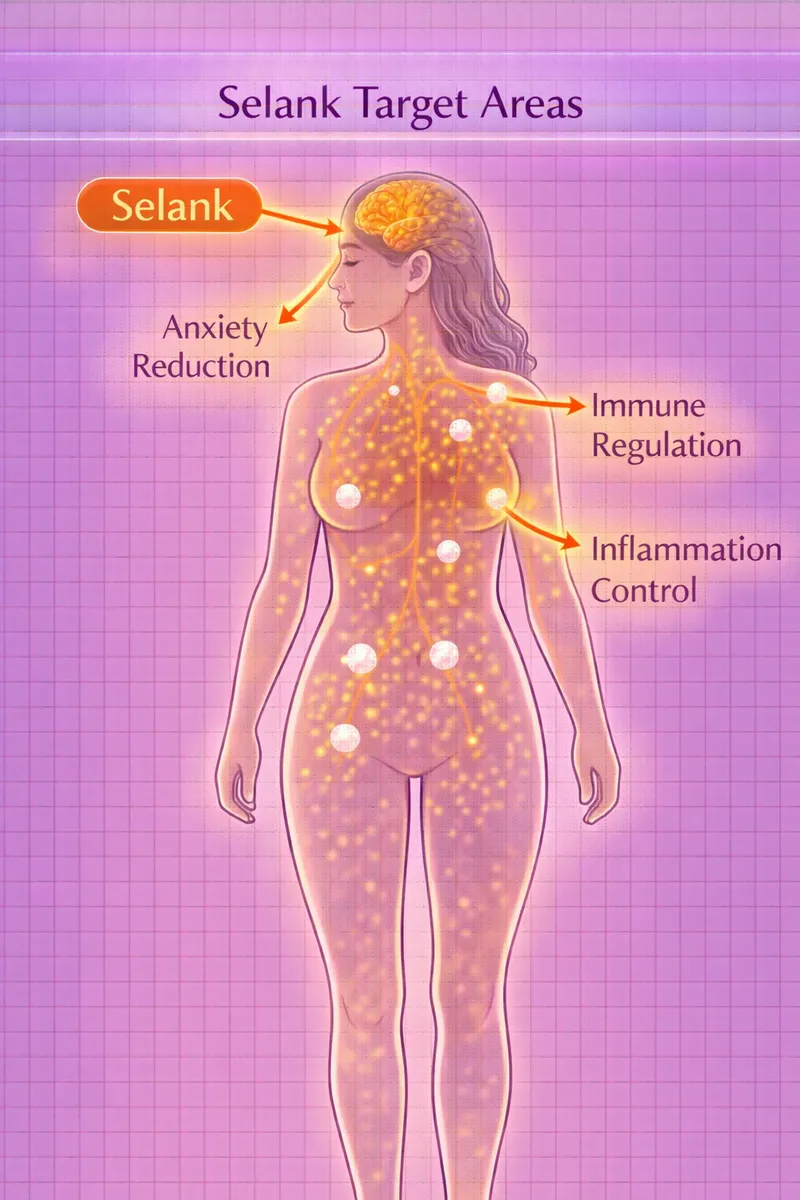 Selank body highlight diagram showing brain and nervous system targets (educational)