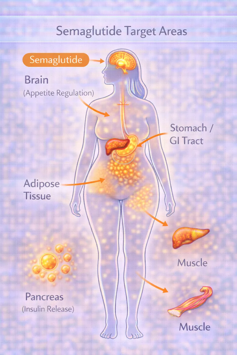 Semaglutide body highlight diagram showing metabolic targets (educational)