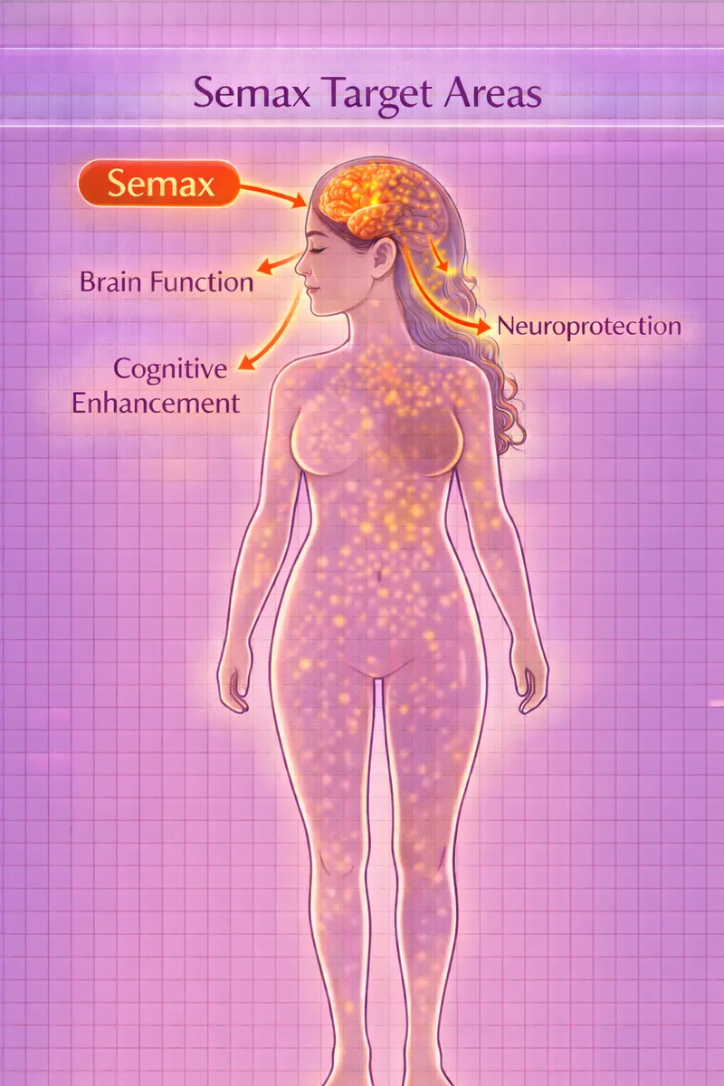Semax body highlight diagram showing brain and cognitive function targets (educational)