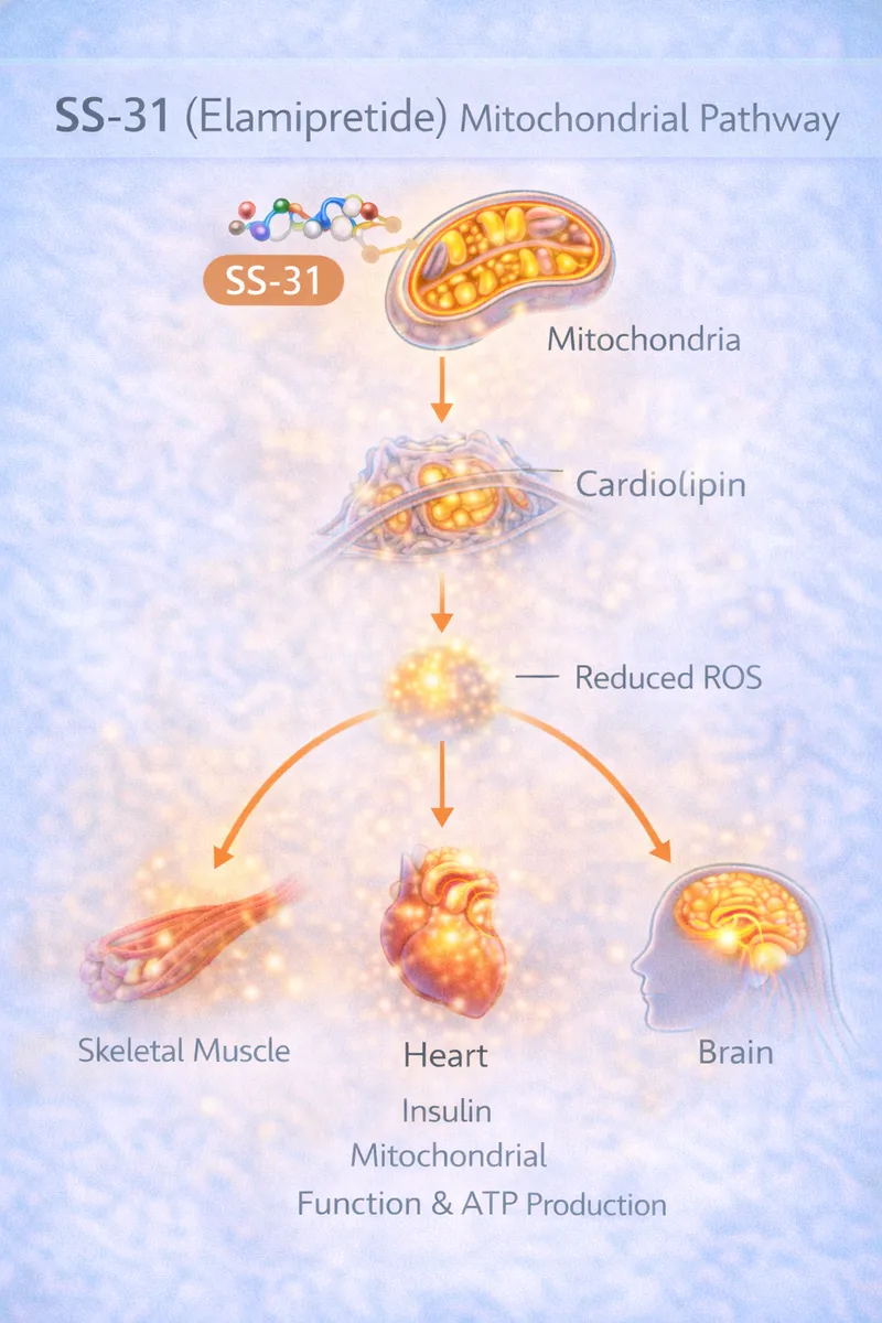 SS-31 Elamipretide mitochondrial membrane protection pathway diagram (educational)