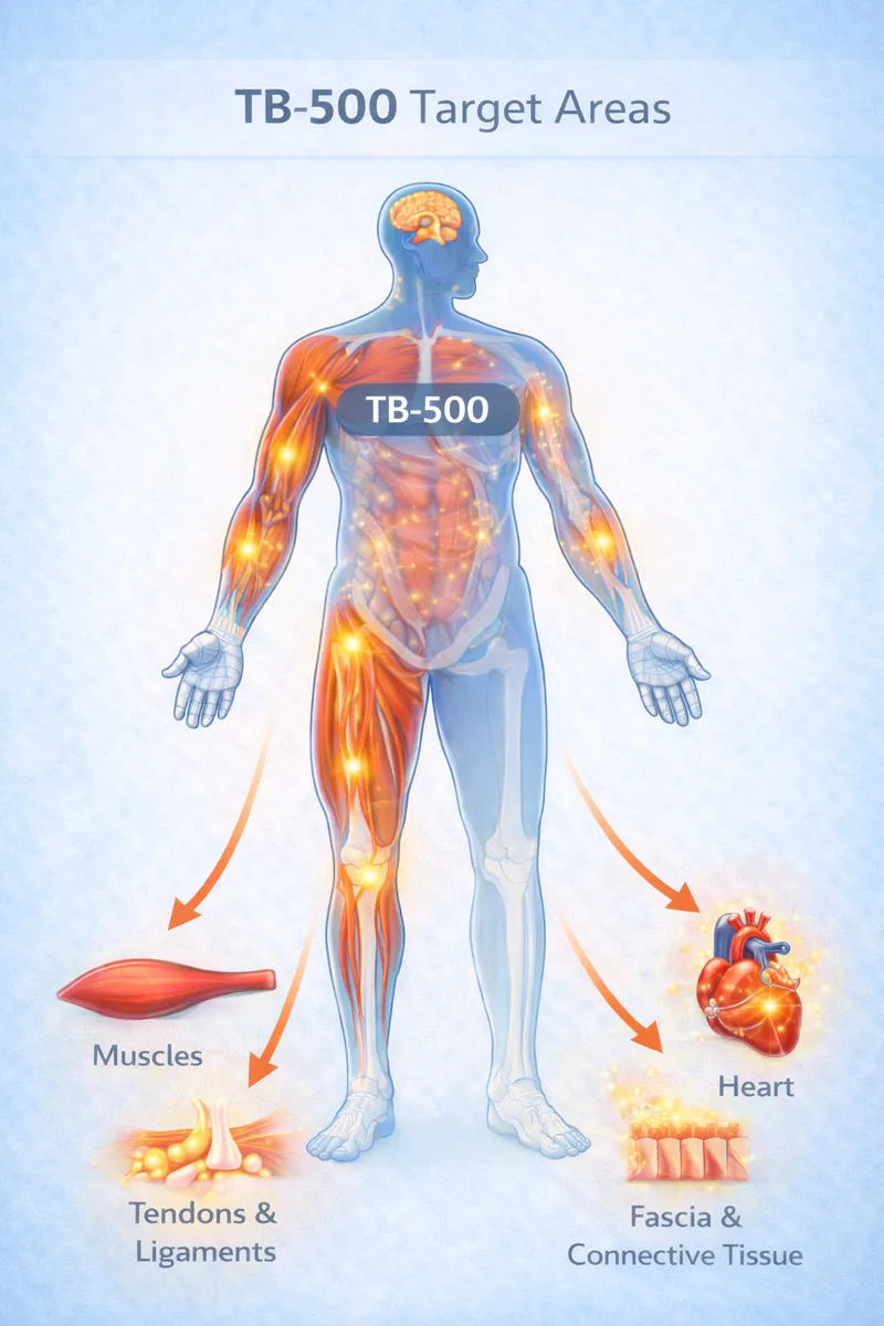 TB-500 body highlight diagram showing healing targets (educational)