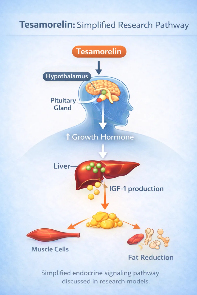 Tesamorelin simplified GH → IGF-1 pathway diagram (educational)