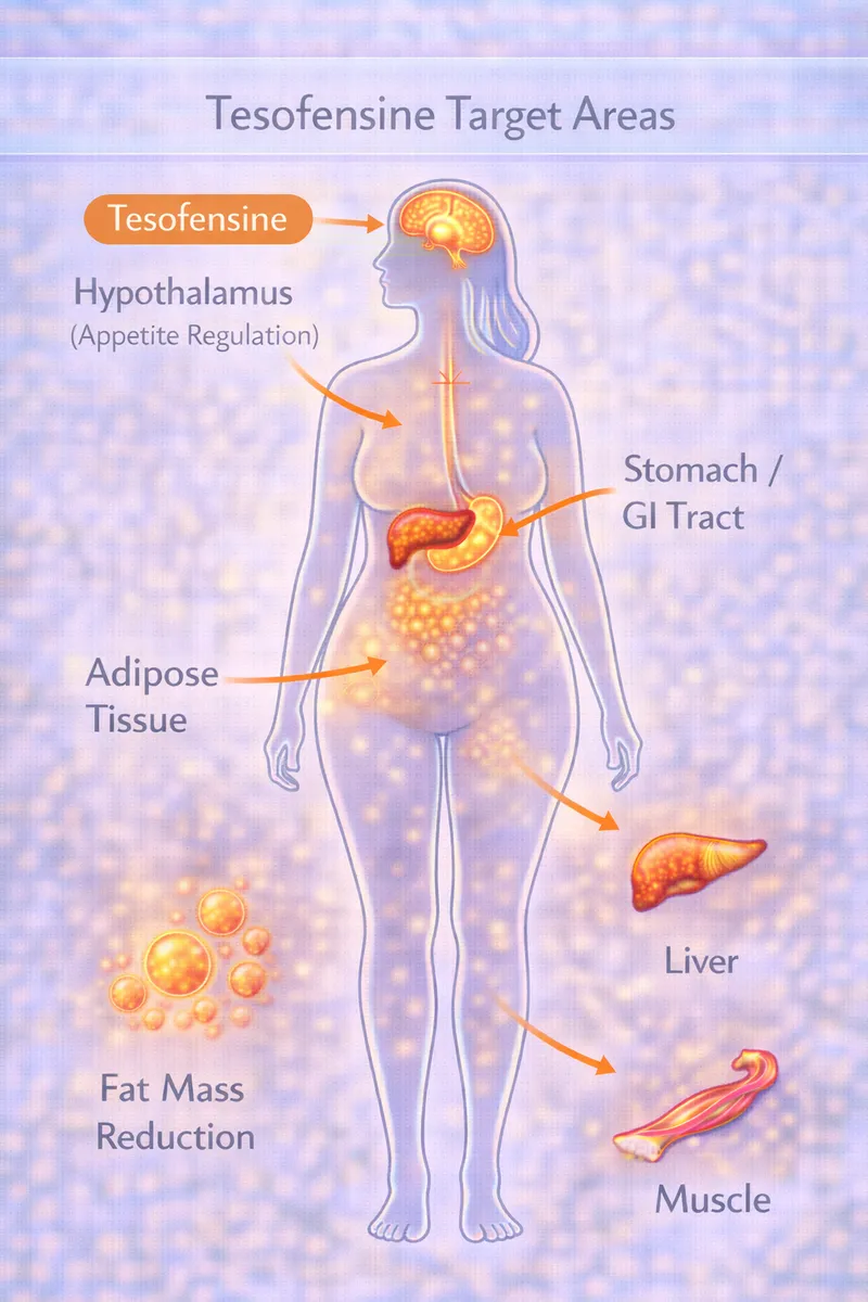 Tesofensine body highlight diagram showing brain appetite centers and metabolic targets (educational)