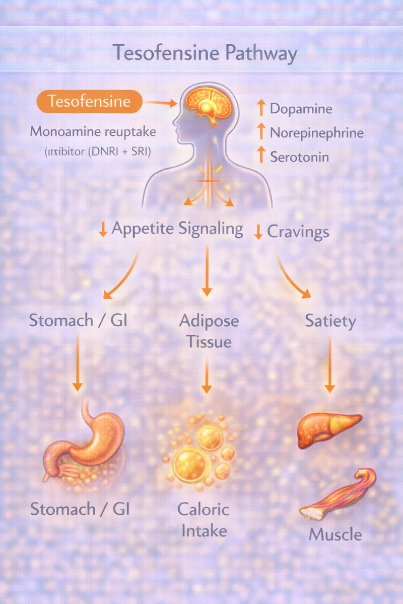 Tesofensine triple monoamine reuptake inhibition pathway diagram (educational)
