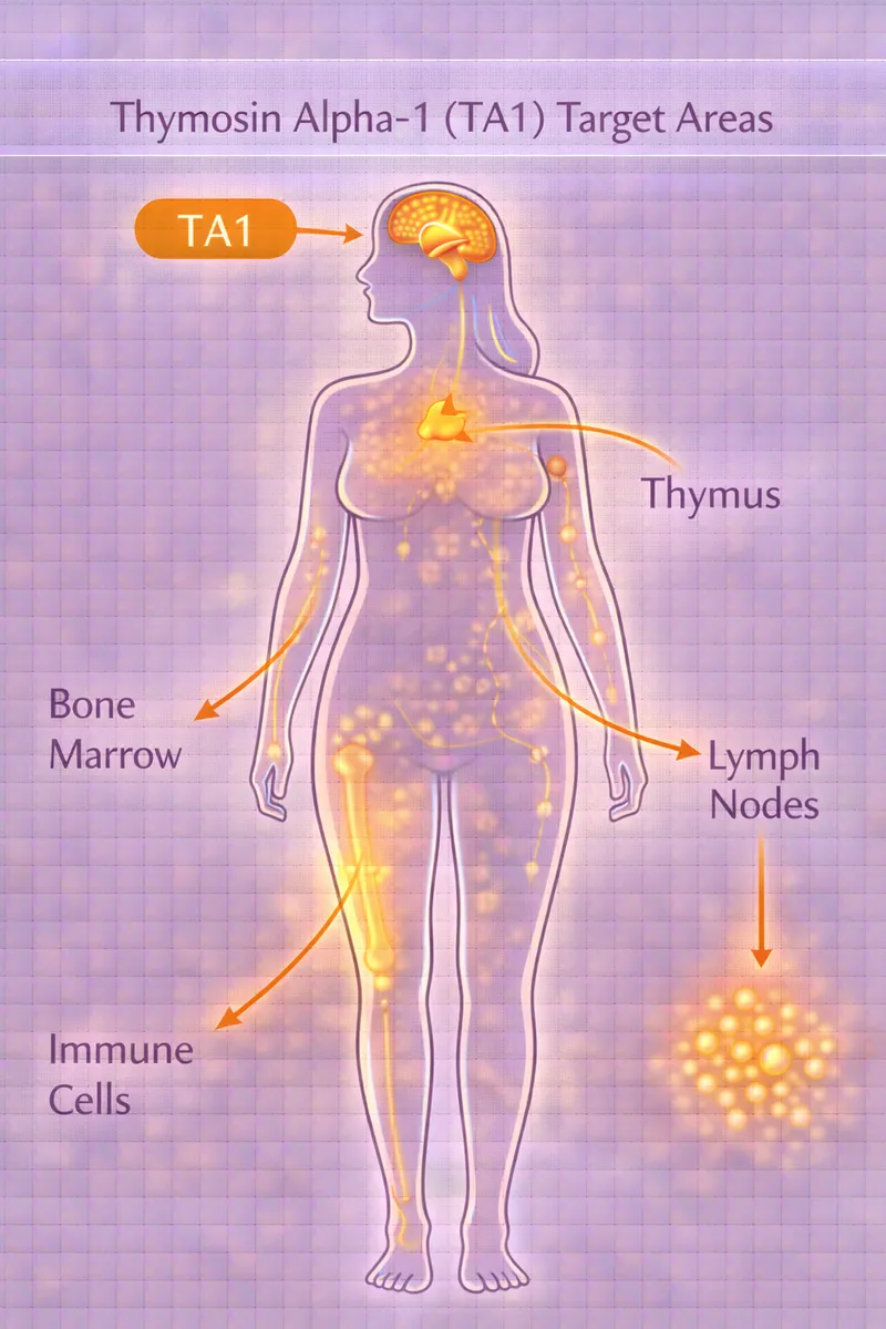 Thymosin Alpha-1 body highlight diagram showing thymus gland and immune system targets (educational)
