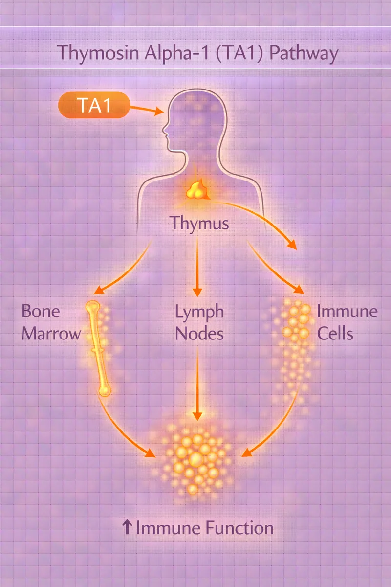 Thymosin Alpha-1 T-cell activation and immune modulation pathway diagram (educational)