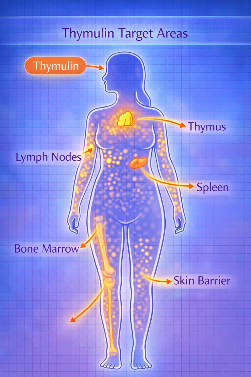 Thymulin body highlight diagram showing thymus gland and immune system targets (educational)